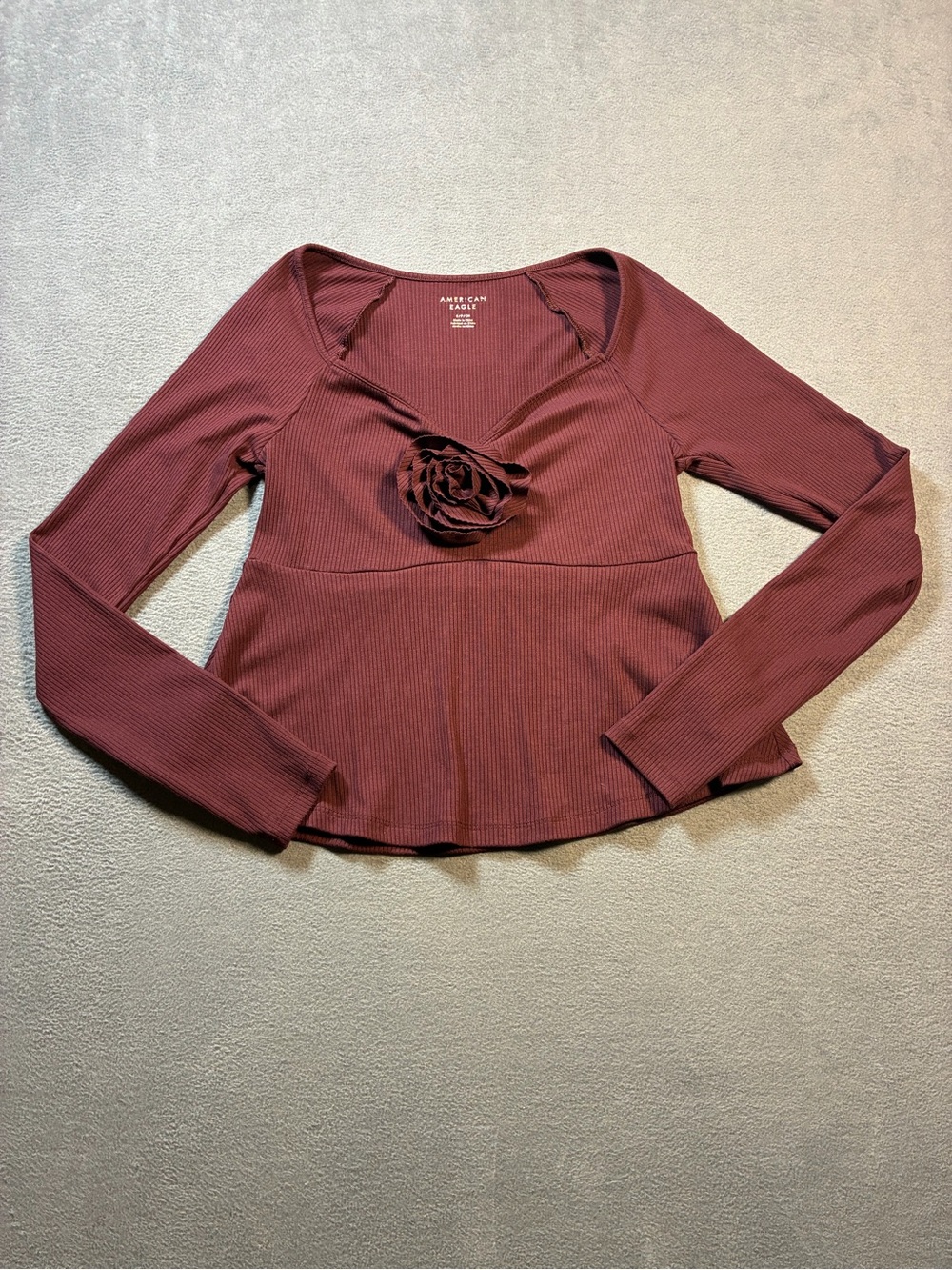 American Eagle Outfitters Plum Ribbed Long-Sleeve Peplum Top